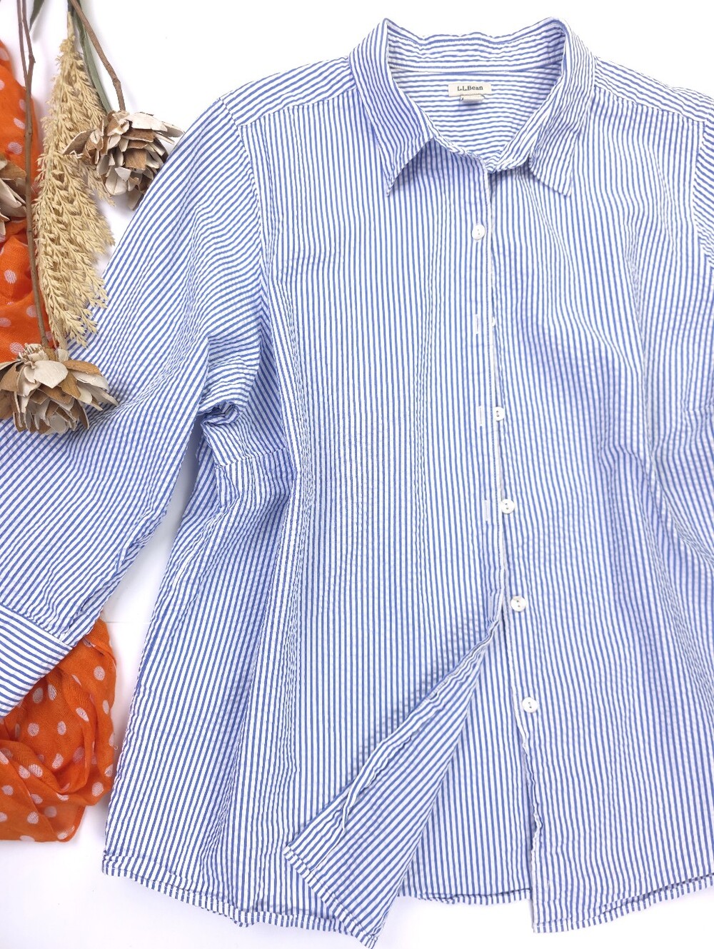 L.L.Bean Blue White Striped Seersucker Button-Up Shirt Sz 1X